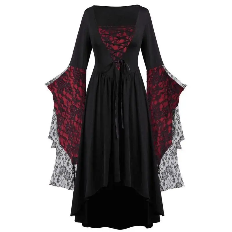 Vintage Halloween Cosplay Costume Witch Vampire Gothic Dress Ghost Dresses Up Party Printed Medieval Ghost Bride Female Clothes