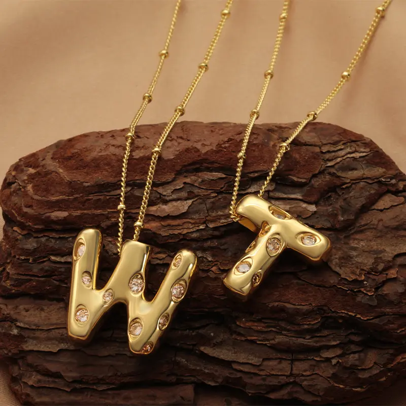 14K Gold Plated Bubble Initial Necklace for Women, Exquisite CZ Heart A-Z Letter Pendant Necklace Personalized Shiny Cubic Zirconia Chain Daily Vacations, Party Wear, Jewelry, Holiday Gift