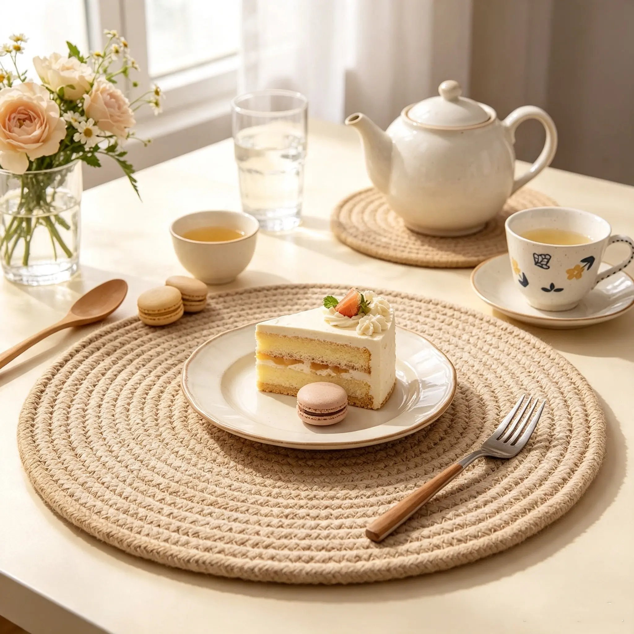 Round Rattan Placemat, 6 Counts/set Boho Style Heat Resistant Placemat, Table Mat for Home Kitchen Dining Room, Vanity Decor Accessories