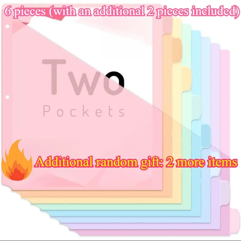 [6pcs Binder Dividers Additional random gift: 2 more items]  Random Color Tab Binder Dividers with Two Pockets, Tabs Dividers for 3 Ring Binder Organizers, 3-Hole Plastic Sheets Protectors for US Letter Size, School, College, Office Supplies, Pastels