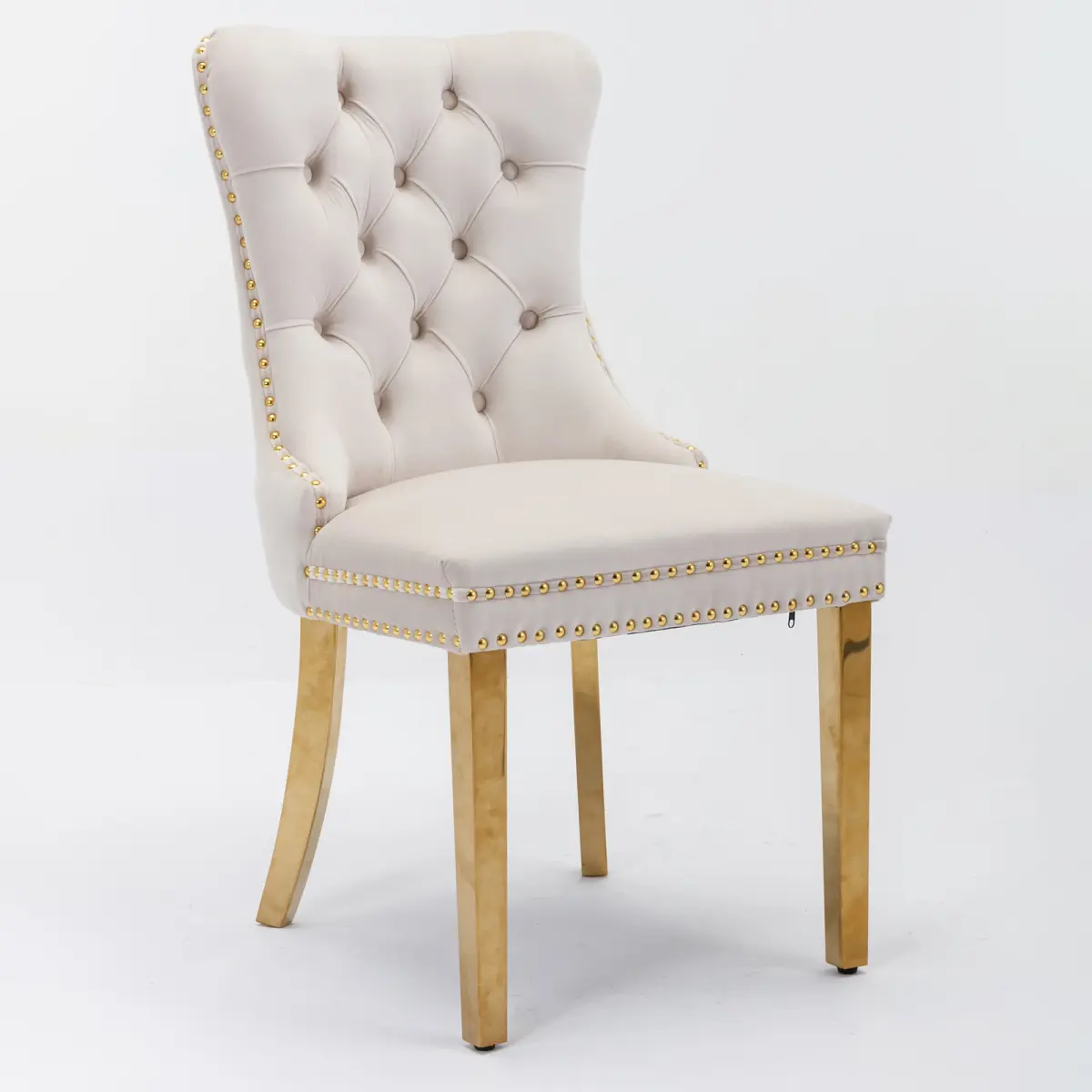 Furniture,High-end Tufted Solid Wood Contemporary Velvet Upholstered Dining Chair with Chrome Stainless Steel Plating Legs,Nailhead Trim,Beige and Gold, SW1601DBG,Single Pack