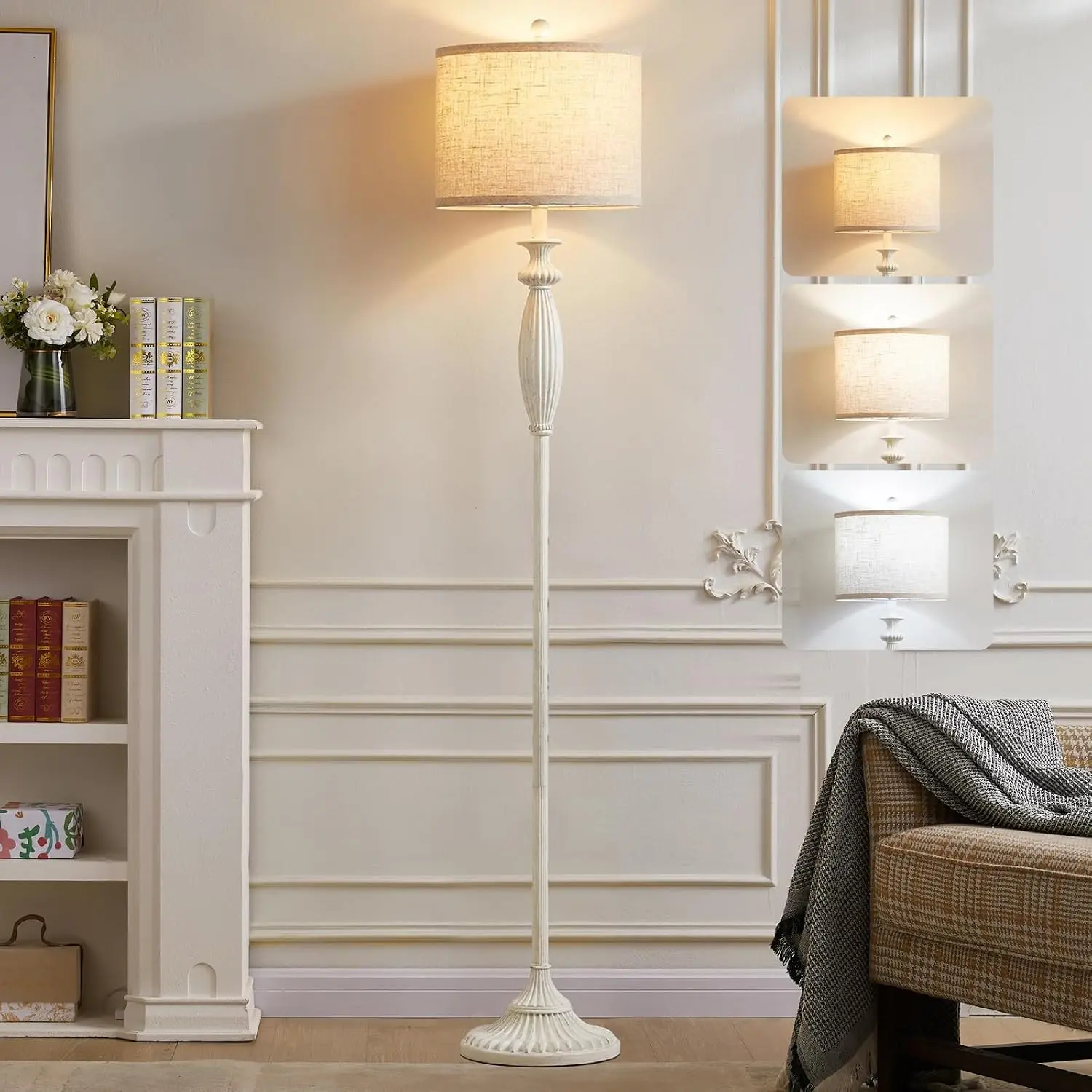 63.8" Vintage Floor Lamp with Oatmeal Linen Shade, Rustic Tall Standing Lamp, Rotary Switch, 3 Color Temperature Bulb Included, for Living Room, Bedroom, Office, Reading Corner
