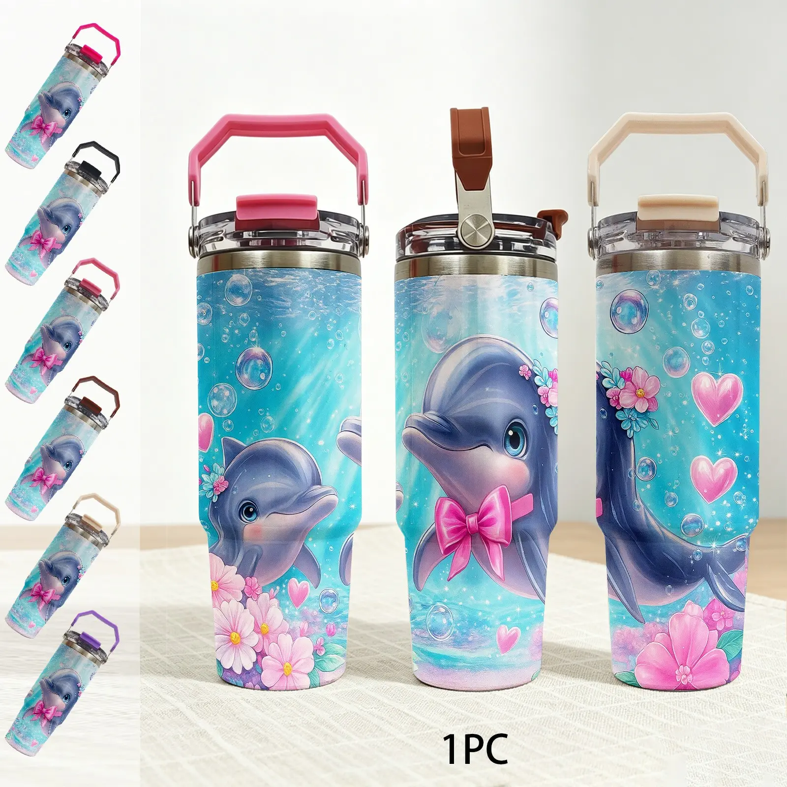 30oz Stainless Steel Insulated Mug Tumbler, Dual Drink Opening, Cute Dolphin Design, Portable Handle, Car Cup Holder Compatible, Perfect Gift for Girls, Water Bottles, Drinkware