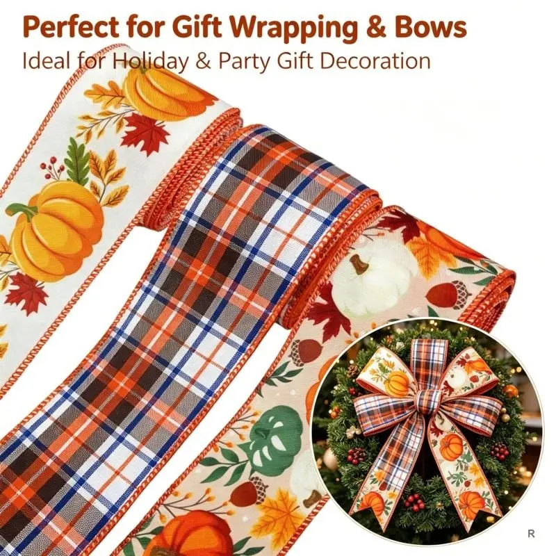 2.5inch 3PCS Total 15 Yards Wired Ribbon Fall Harvest Thanksgiving Pumpkin Acorn Orange-yellow Bow Ribbon Polyester Linen Bouquet Wrapping Wreath Decor Gift Wrapping Bow Making Holiday Decor