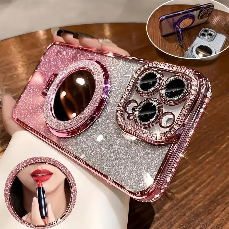 Luxury Gradient Glitter Pink Rhinestone-Accent TPU Smartphone Casing, Handheld Cellphone Devices Accessory with Detachable Mirror Stand, Magnetic Bracket Holder, Tempered Glass Screen Protector, Cam Protection for iPhone 12-16 Pro Max