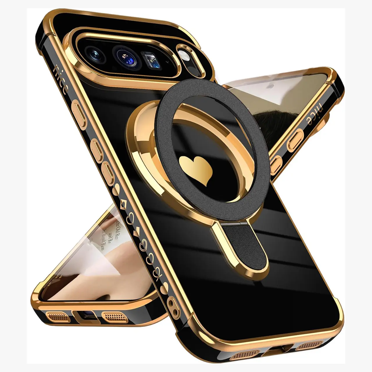 Compatible with Pixel 10 Pro XL/10 Pro/10/9 Pro/8A/7A  Galaxy A54 (5G)/Galaxy S25FE/S24FE/s21/ iPhone 17 Pro Max/16/15/14/13/12 | Magnetic Phone Case With Heart Ring Stand, Full Shockproof Cover HNZ0264