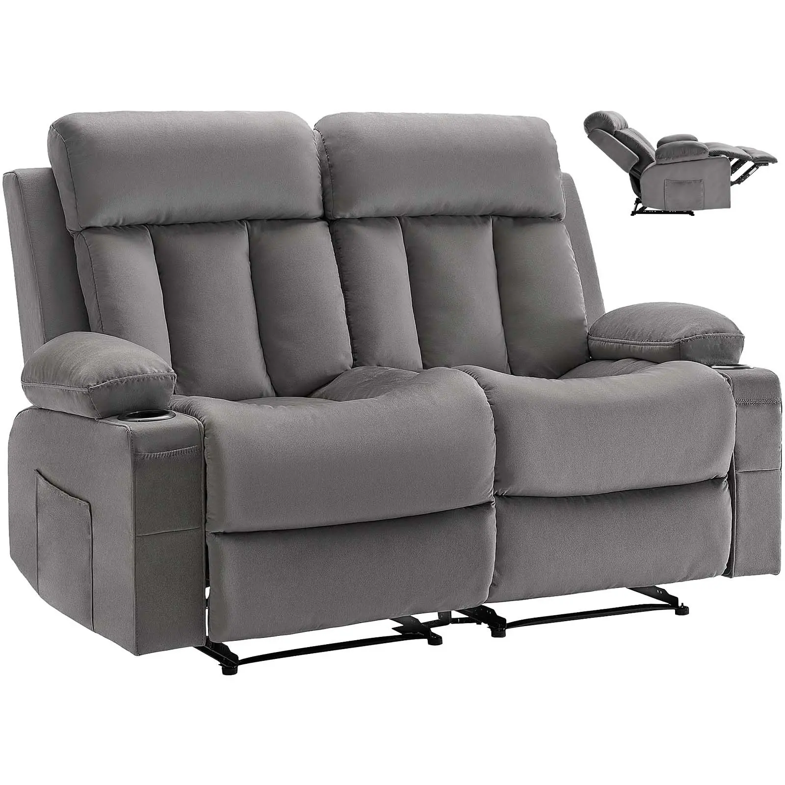 VEVOR Velvet Power Reclining Loveseat Chair, Sturdy Wood Frame Electric Couch with Heating, Massage, USB Ports, Cup Holders, Side Bags & Cable Management for Living Room, Grey, Love Chair