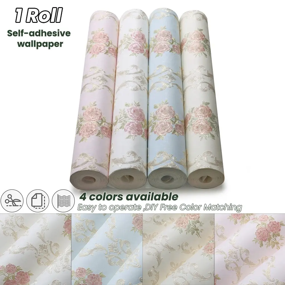 53cm Wide Peel and Stick Wallpaper, Vintage 3D Floral Fabric, Moisture-Proof, Self Adhesive, for Bedroom Living Room Decor