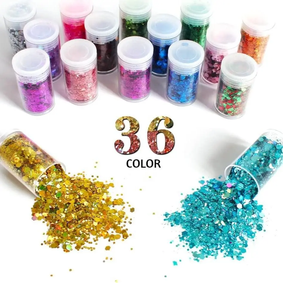 36-Color 5g Glitter Set, Coarse and Fine Glitters, Sparkly Glitter, Ideal for Nail Art, Face and Body Painting, Resin Crafts, Parties, DIY Projects