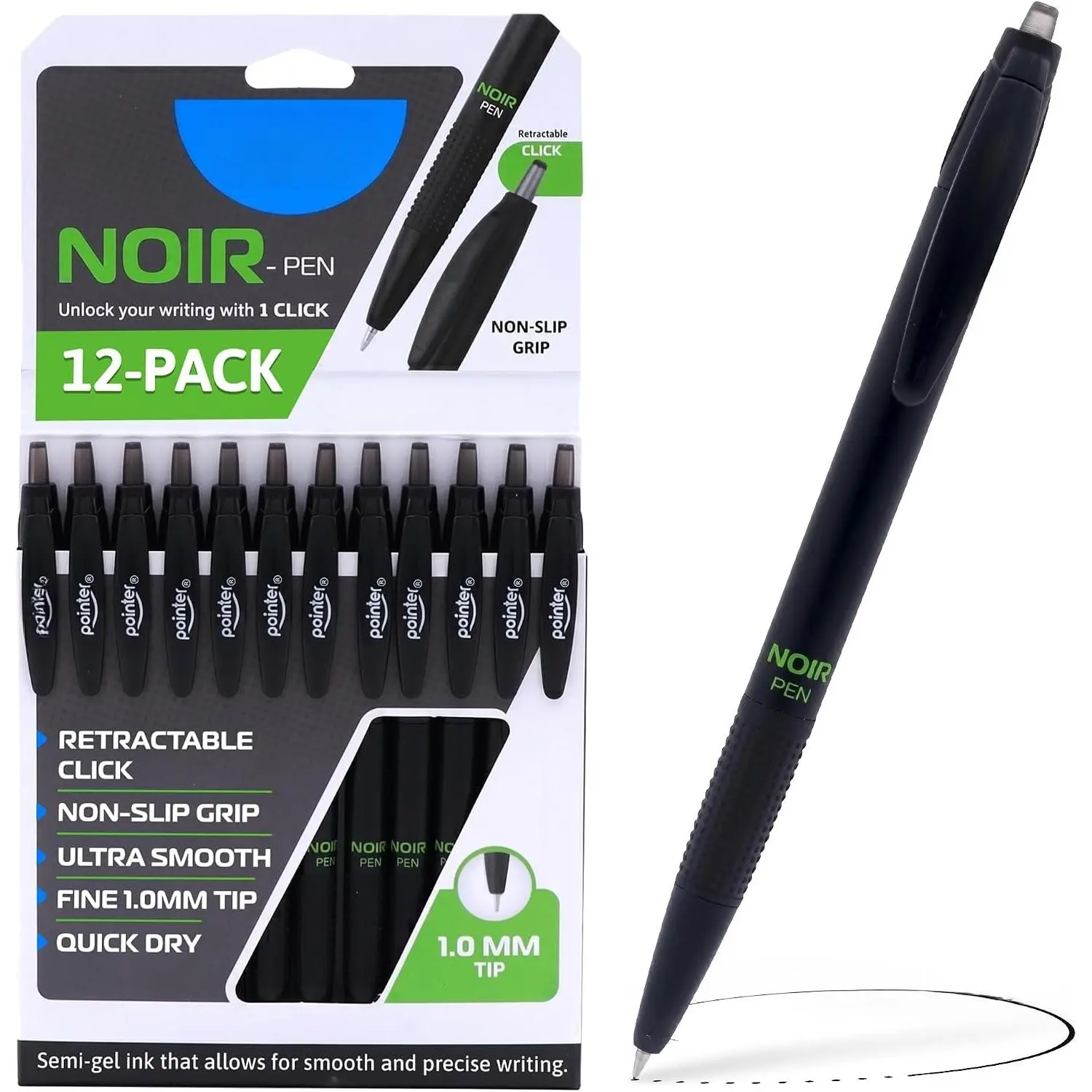 Noir Retractable Pens - With Fine Precision Tip Semi-Gel Black Ink Smooth Flow and Managable Writing Non-Slip Grip, A Quick-Dry, Comfortable Long-Lasting For Student & Professional - 12-Pack