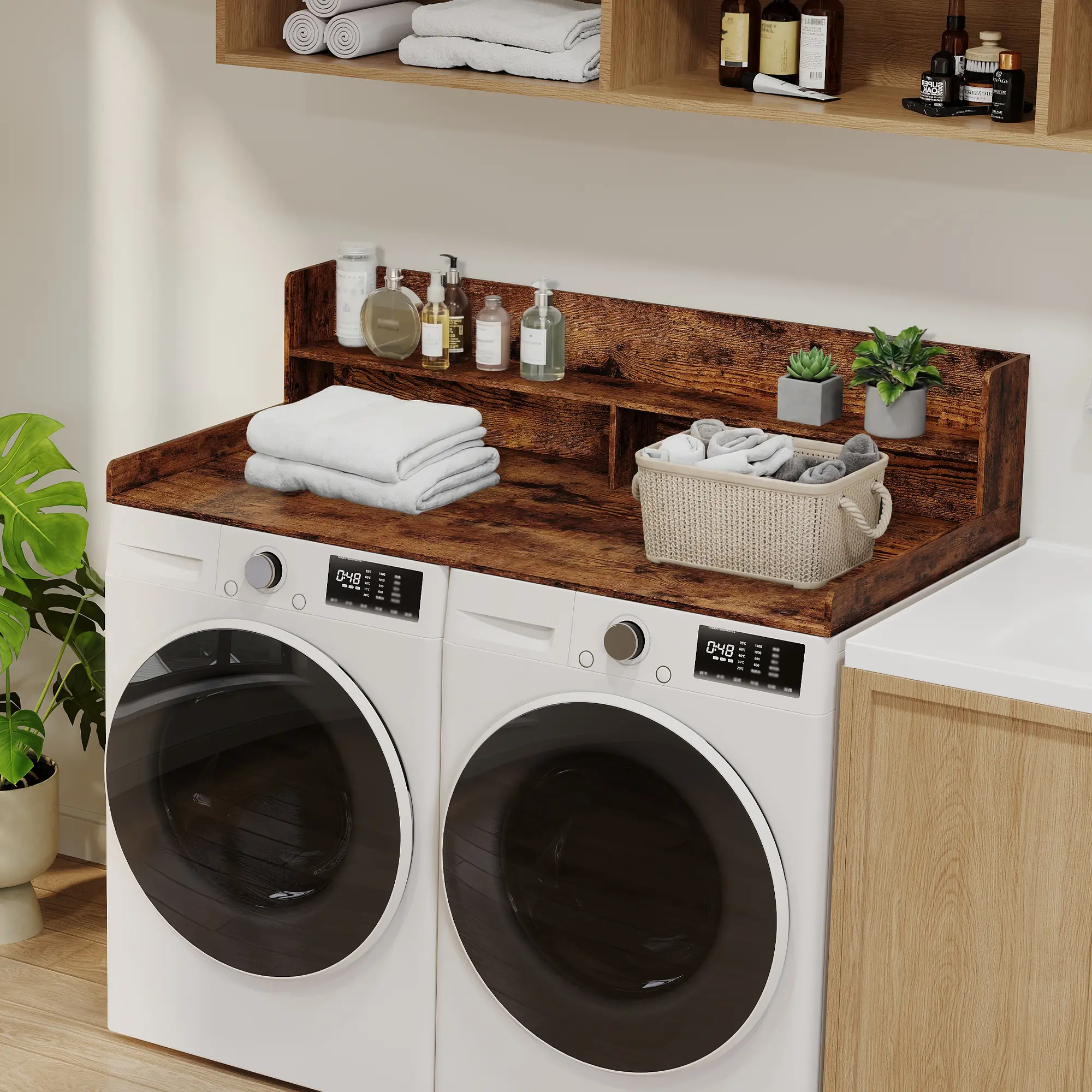 Washer and Dryer Top Organizer – 2 Tier Laundry Countertop Shelf, 54" Heavy Duty Storage Rack with Guardrails, Non-Slip Stable Fit for Most Front Load Laundry Room Essentials