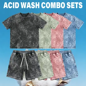 Mens 2 Piece Outfits Acid Wash Short Sets Vintage T-Shirt Lightweight Breathable Cotton Tee and Drawstring Shorts Set Retro Y2K Grunge Streetwear Co-ords Summer Casual Matching Sweat Tracksuit Male Gym Loungewear Aesthetic Clothing Regular Fit Faded Look