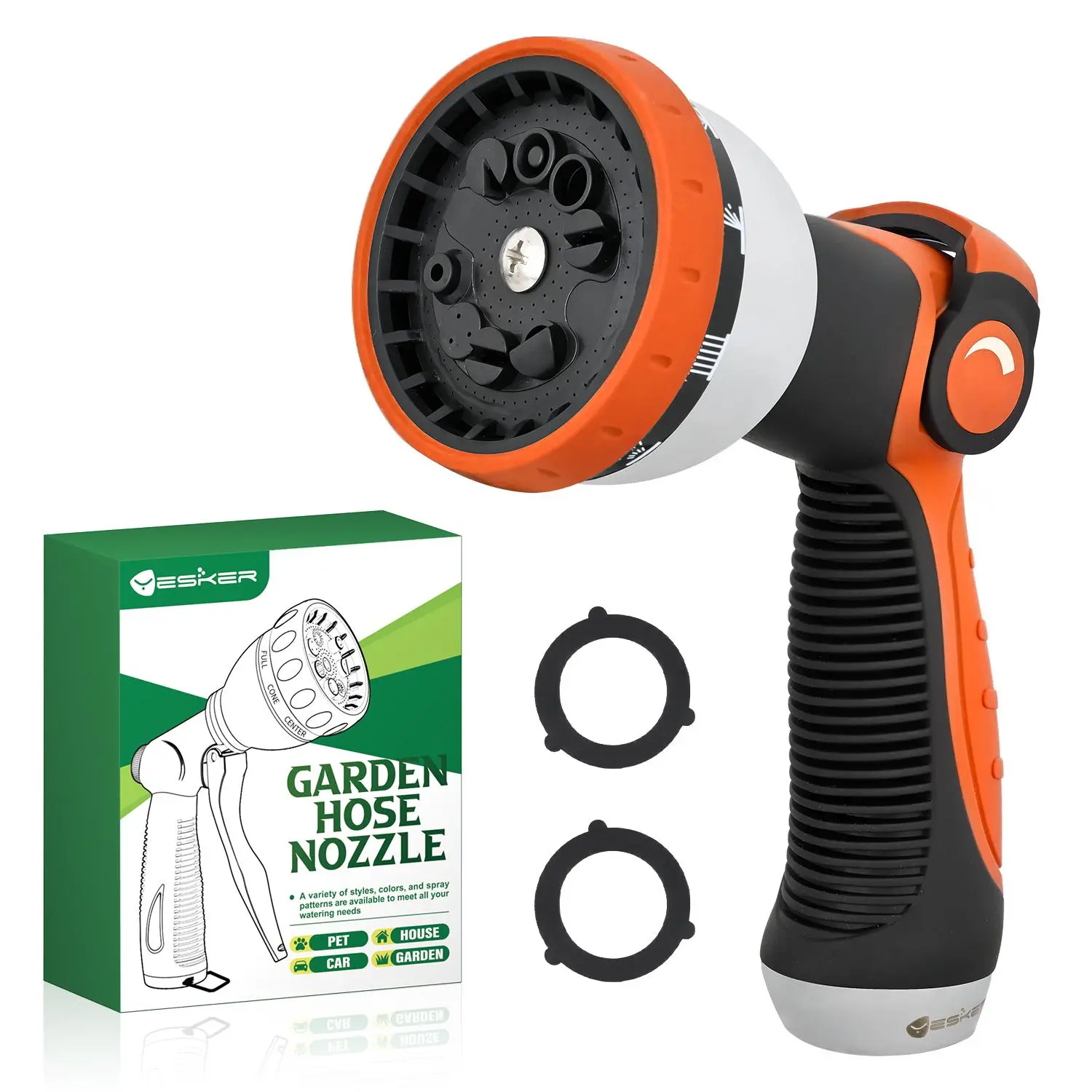 Yesker Garden Hose Nozzle Water Hose Sprayer Nozzle Adjustable 10 Spray Patterns Heavy Duty Metal Nozzles Thumb Control w Non-Slip Grip for Outdoor Watering Plants Lawn Washing Car Pets Black & Orange