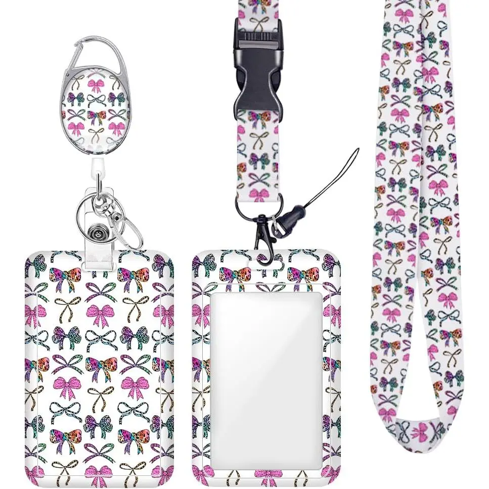 Colorful Rainbow Neon Leopard Bow ID Badge Holder Badge Reel Lanyards for ID Badges Work Protector Retractable Carabiner Clips Heavy Duty Key Lanyard for Women Nurse  Teacher Office Gifts