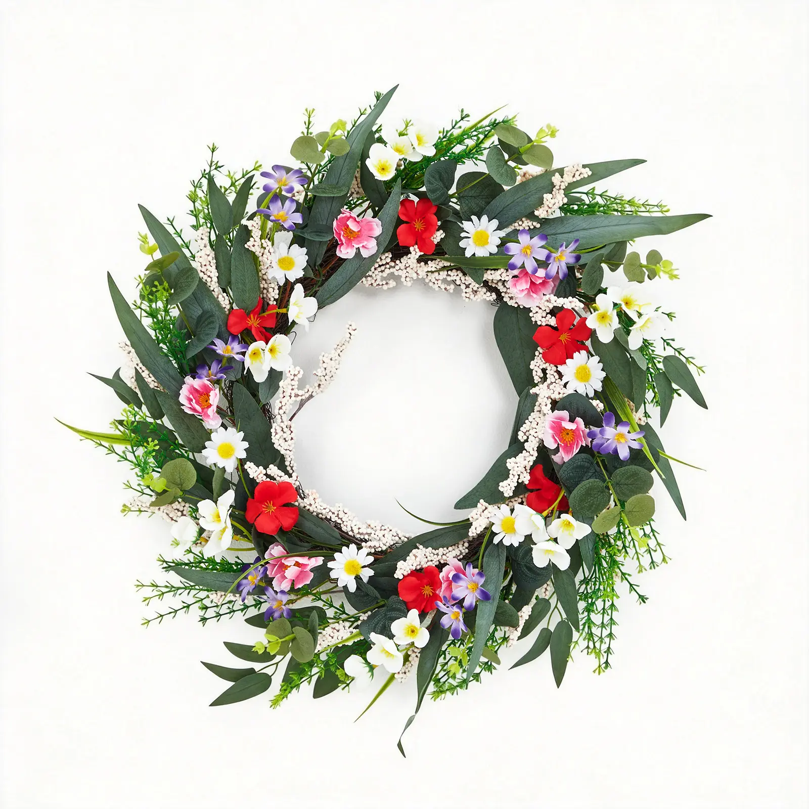 Artificial White Wildflower Wreath for Front Door - 20 Inch Spring Floral Wreath with Eucalyptus and Daisies