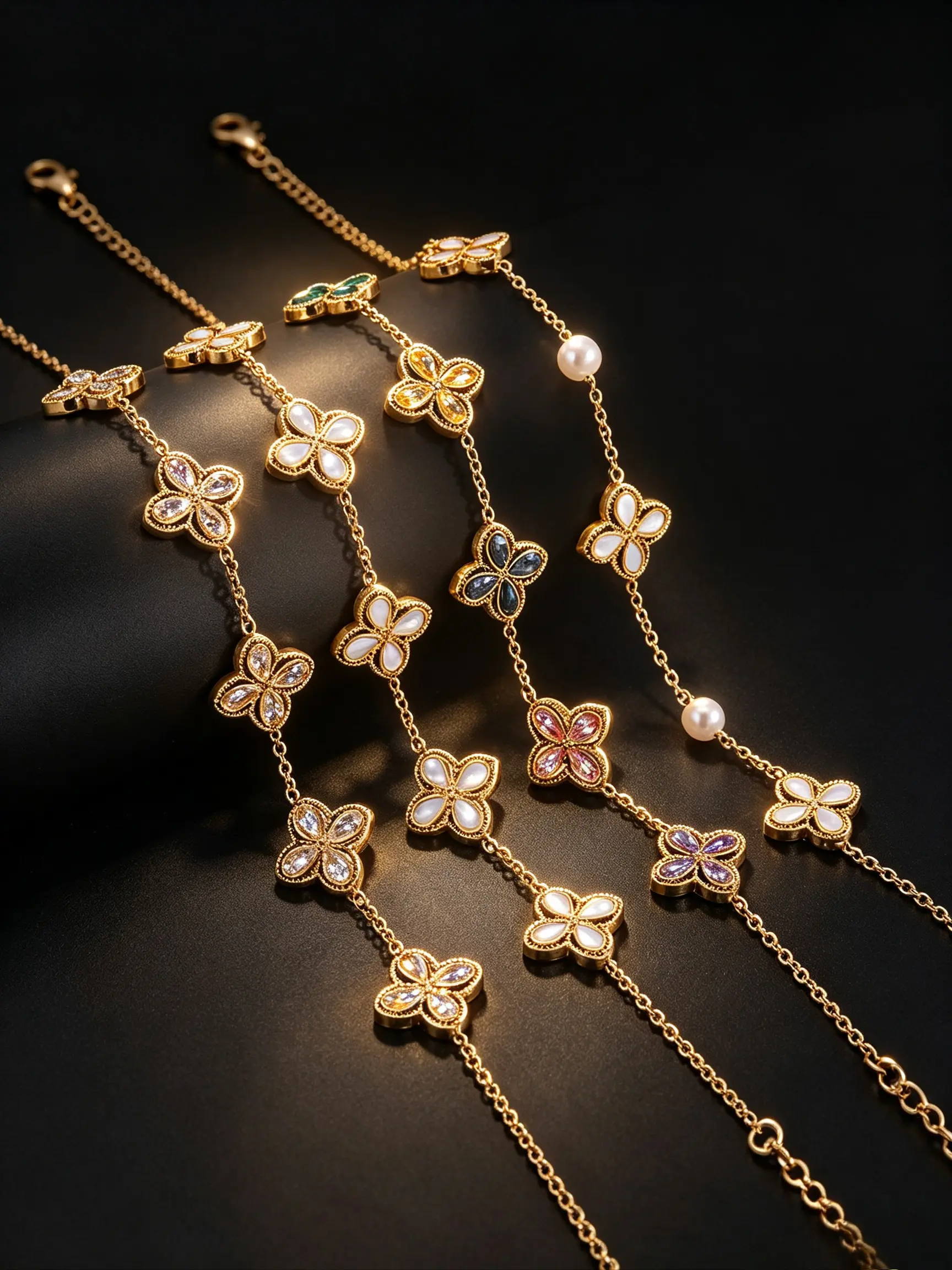 Multi Style Four Leaf Clover Gold Bracelet, 5pcs Clover Charm Chain With Shell Pearl & Colorful Crystal, 18K Gold Plated Lucky Stackable Wrist Jewelry Gift For Women
