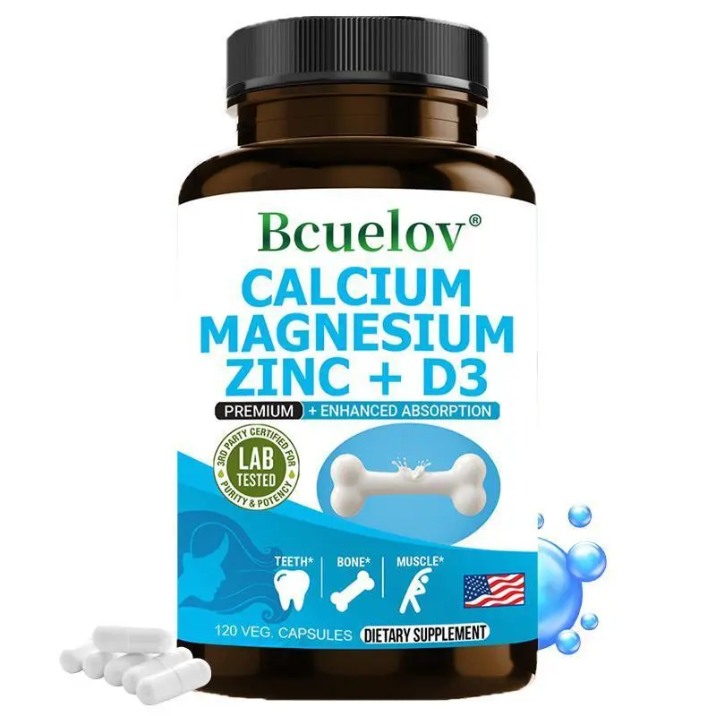 Bcuelov  Calcium Magnesium Zinc + Vitamin D3 Supplement to support bone and teeth health, 120 capsules.