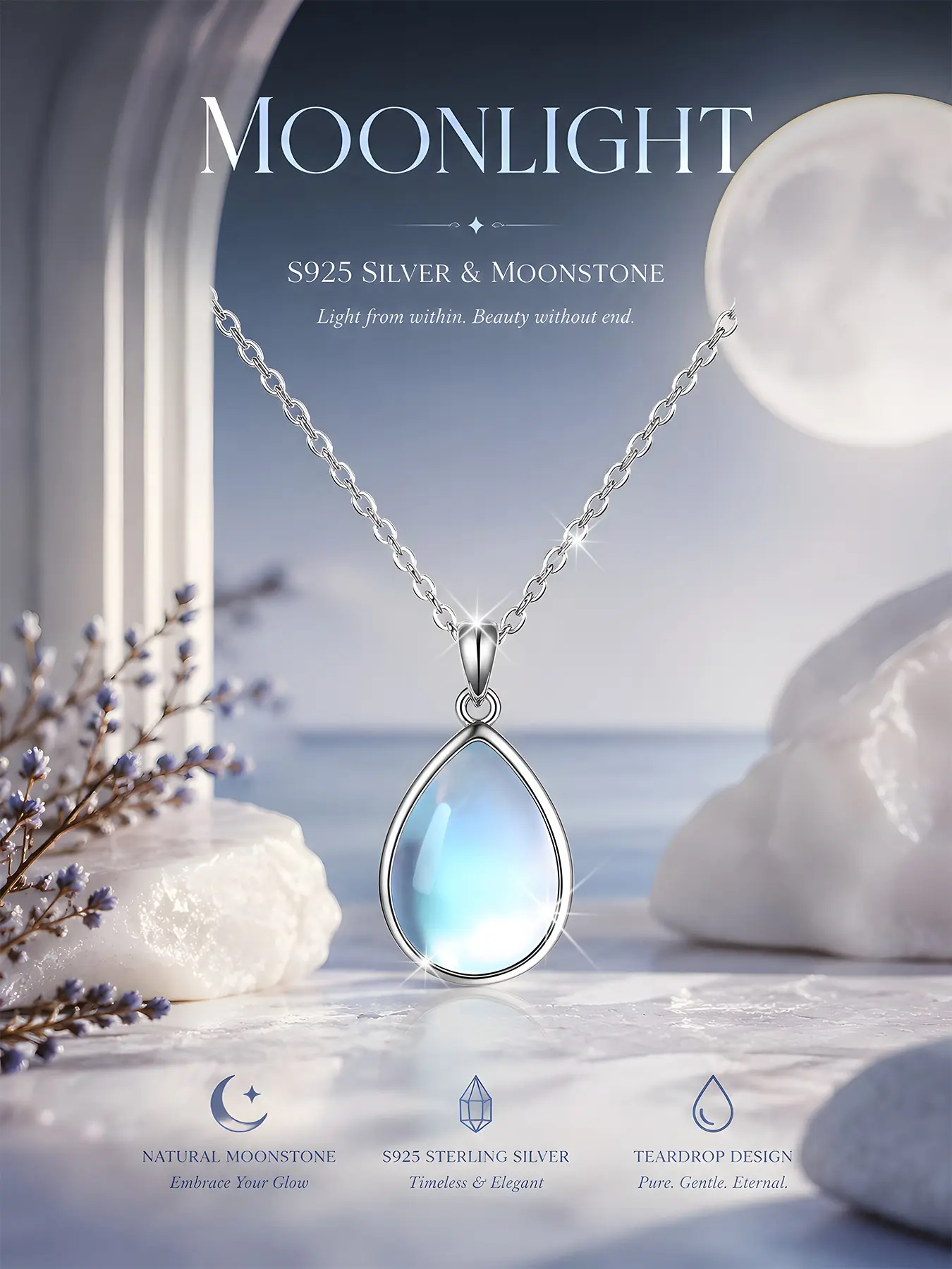 Women's Elegant S925 Silver Water Drop Moonstone Necklace, Fashion Pendant Chain, Chain Necklaces, Necklace Pendant Jewelry, Hypoallergenic, Daily Wear, Dainty Necklace, Minimalist Necklace, Trendy Necklace, Gift for Birthday & Valentine's Day
