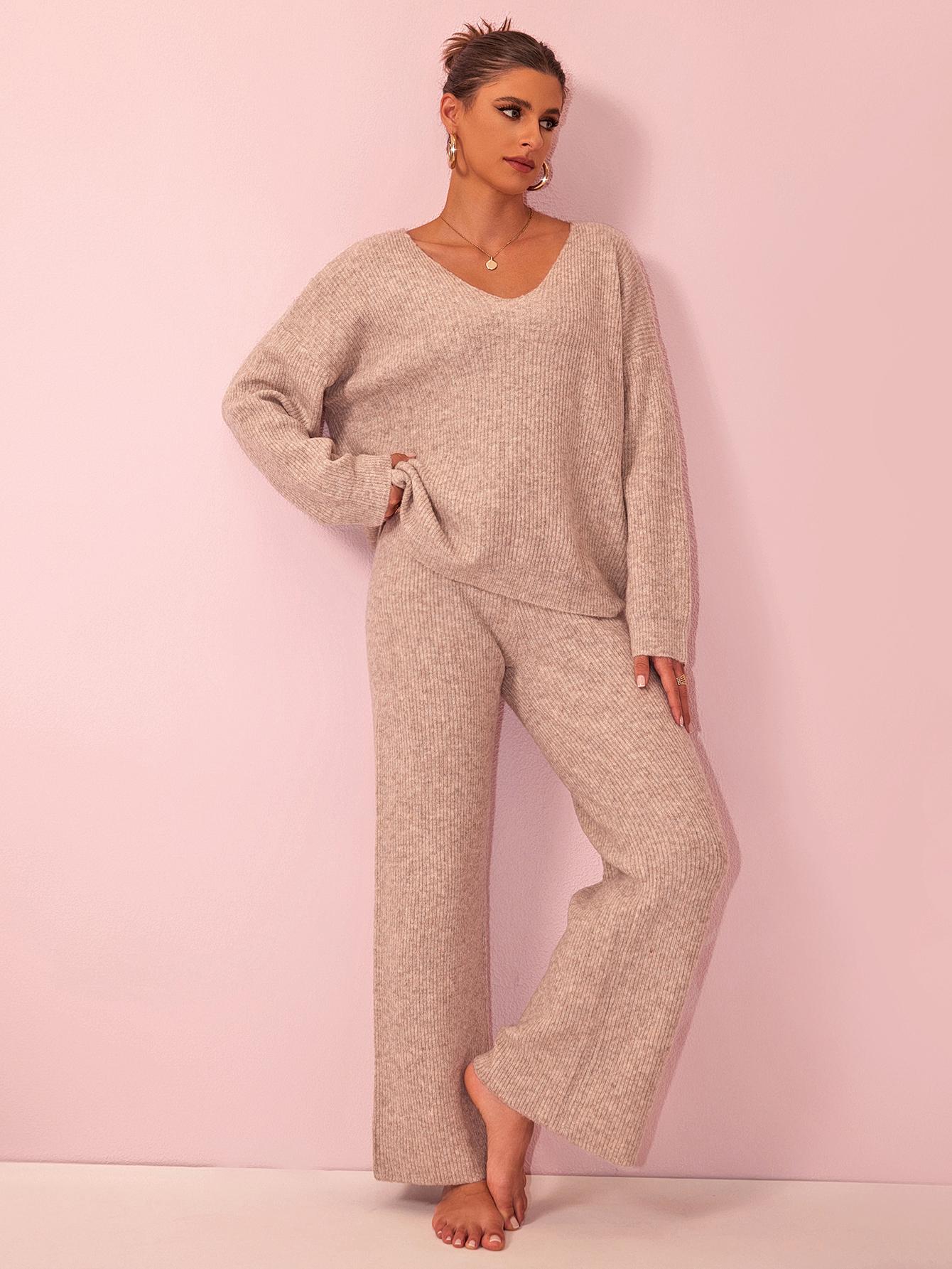 [US shipping]Joyfunear Women's V-Neck Knit Sweater & Wide-Leg Pants Lounge Set - Cozy, Chic, and Comfortable for Casual Wear - Soft Knit Fabric, Long Sleeves, High Waisted Pants