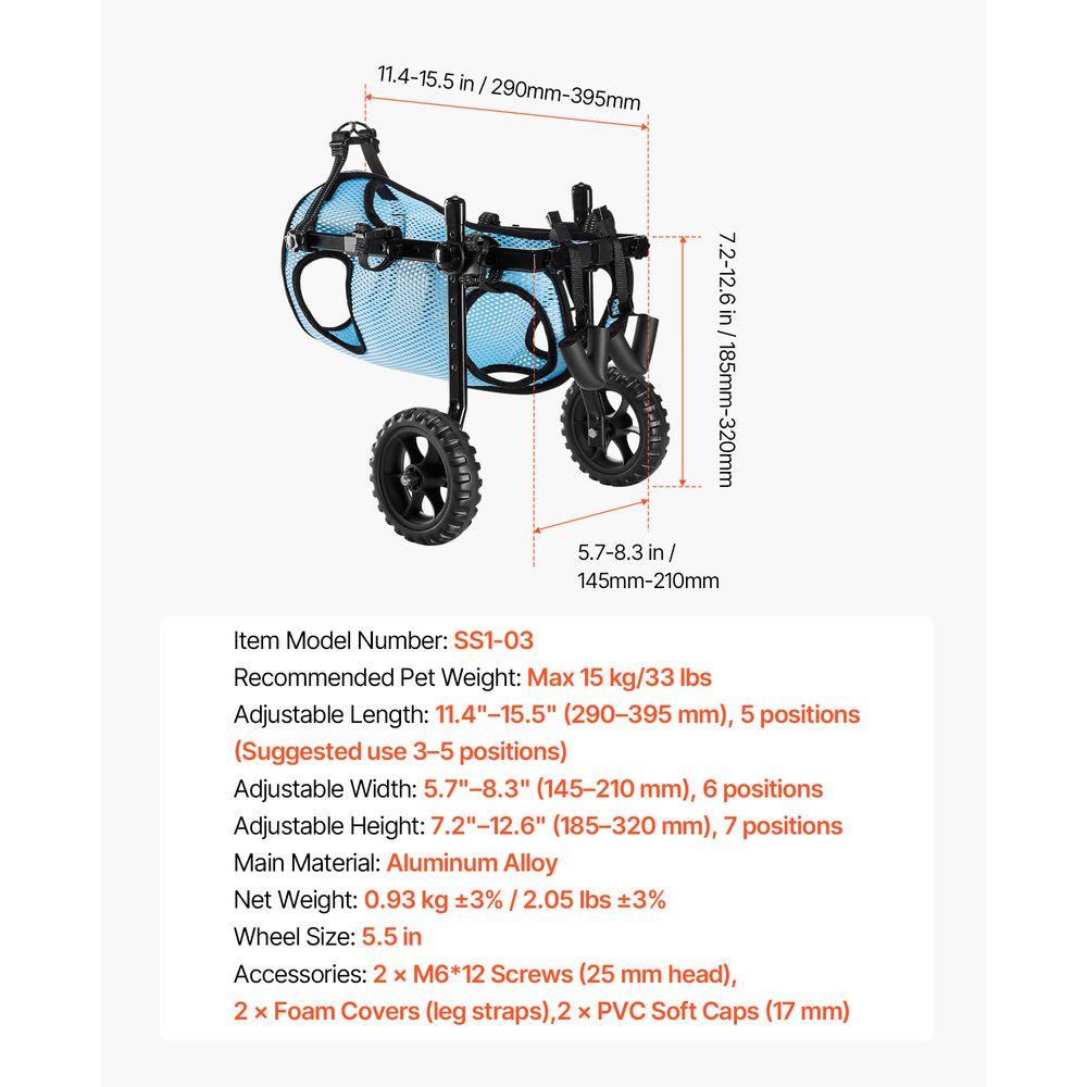 Lightweight Dog Cart with Shock-Absorbing Wheels, Adjustable Wheelchair for Disabled Pets Up to 33lbs