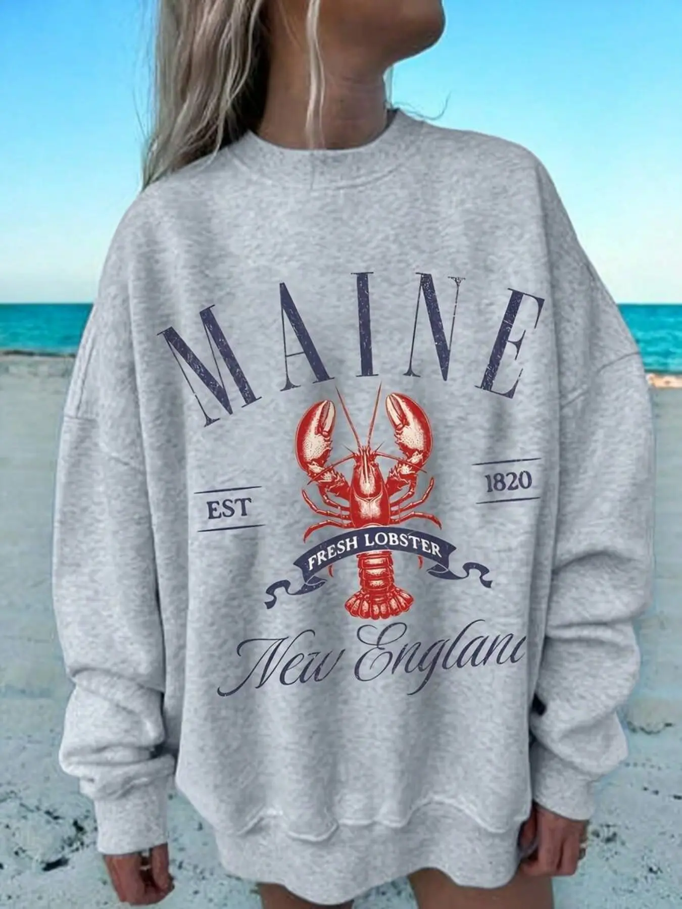 Women's Fall Sports Shirt, Sweatshirts, Maine Fresh Lobster Print, Casual Long Sleeve Round Neck Pullover, Fashion Daily Top, Everyday, H-Type Fitted