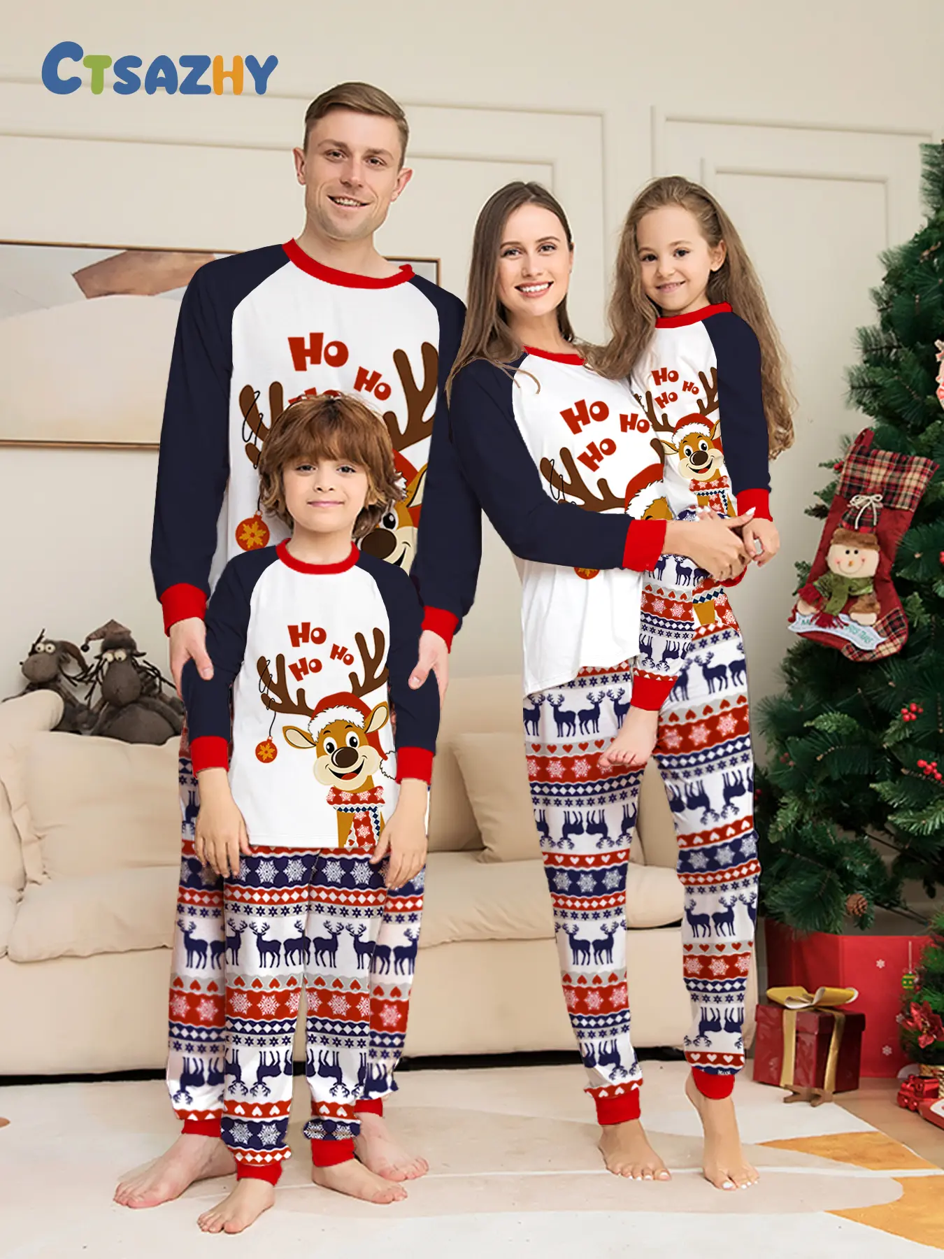 Family of Four Xmas Santa Hat Pyjamas Breathable Casual Loungewear For Party Photos Gift