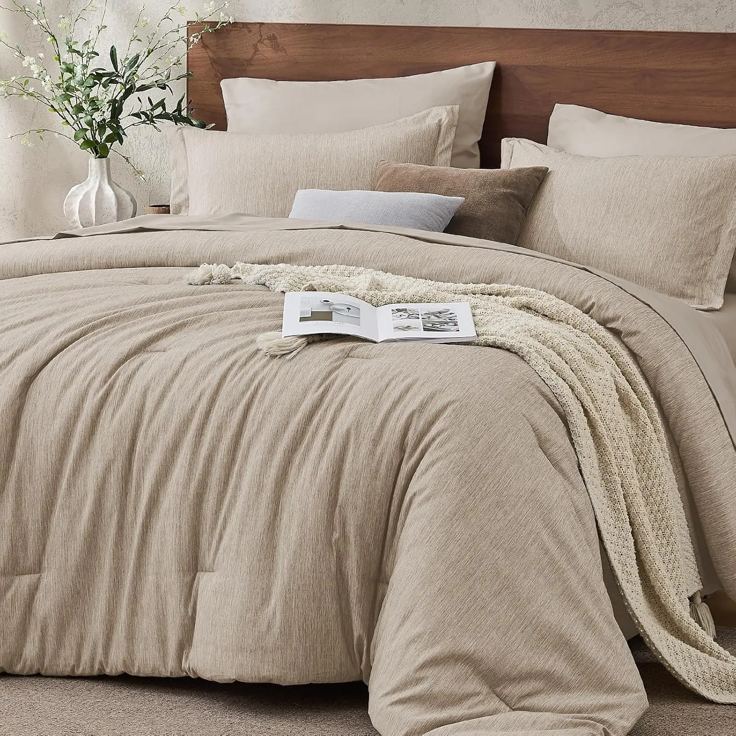 Khaki Queen Comforter Set, Cationic Dyeing Bed in a Bag Queen 7 Pieces, Double-Tone Bedding Set with Down Alternative Comforter, Sheets, Pillowcases & Shams