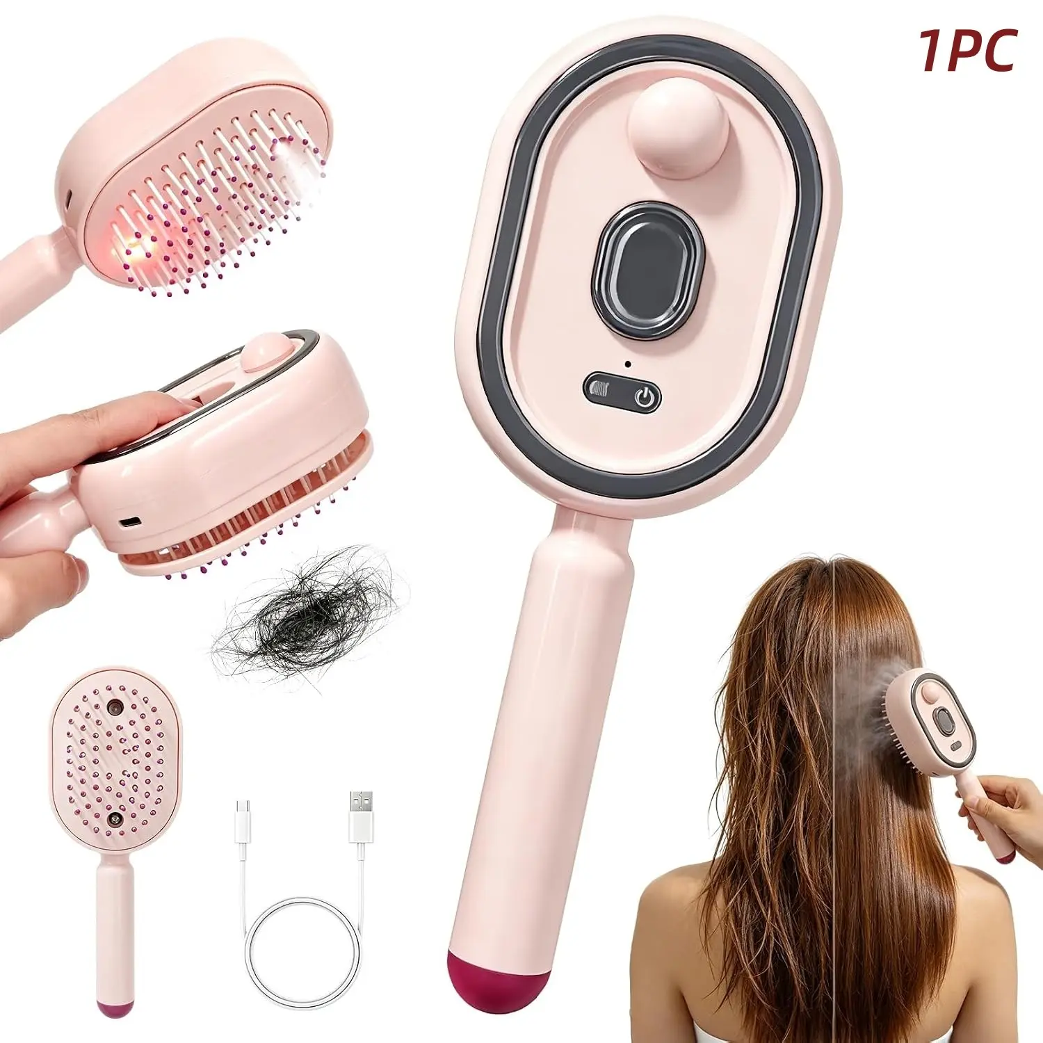 Portable Nano Spray Electric Massage Comb with One-click Retractable Teeth for Easy Hair Removal. Soft Air-cushion Round-tooth Scalp Massager. USB Rechargeable Hydrating and Detangling Styling Comb. Scalp Brush Suitable for Home and Travel