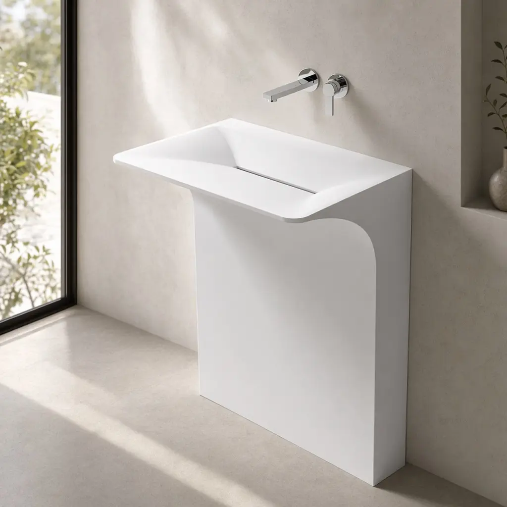 ARCH Modern Wall-Mounted Solid Surface Pedestal Sink, One-Piece Floating Bathroom Vessel Sink with Hidden Linear Drain, Matte White, 23.2"W x 33.2"D x 18"H, Wall Mount Faucet Compatible, for Small Bathroom & Powder Room