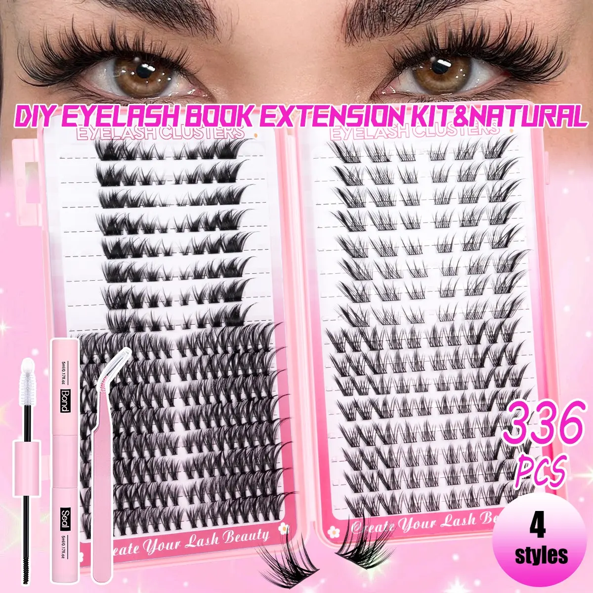 DIY Left&Right Fluffy Lash Clusters Set,Fox Eye/40D/Manga, Wet Look Lash, Faux Mink Lashes Kit, Soft Lightweight Curled Eyelashes, Waterproof Long-Lasting, Includes Bond&Seal&Tweezers, Beginners Friendly