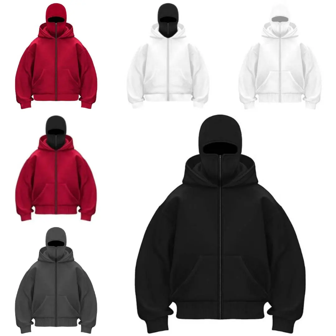Balaclava Zip-Up Hoodie for Men & Women, Integrated Face Cover, Hooded Winter Sweatshirt with Front Pockets