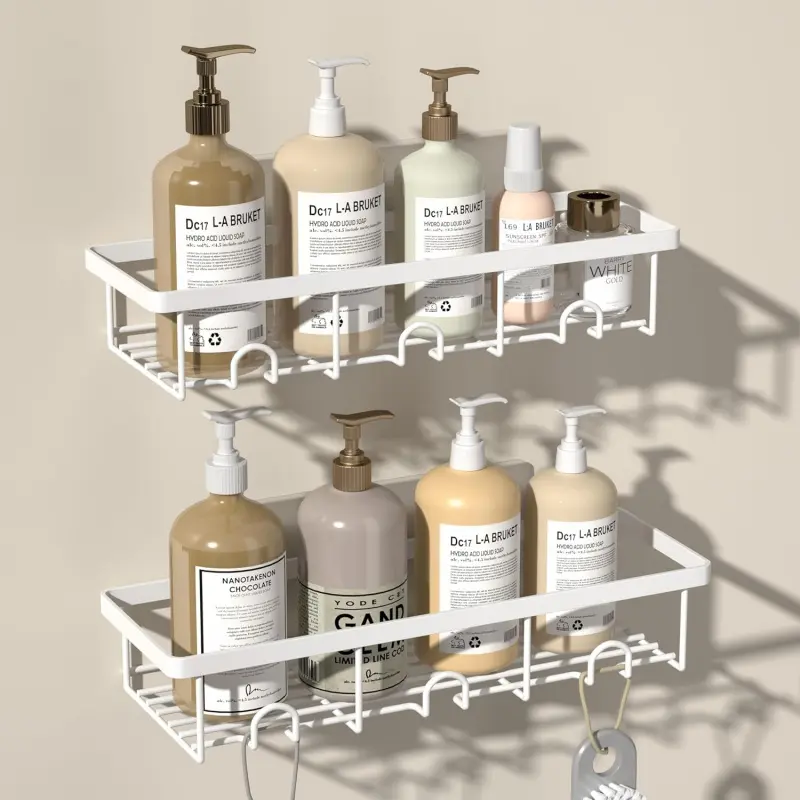 White Shower Caddy Organizer, 2 Pack Adhesive Shampoo Holder Basket Shelves for Storage and Organization, Wall Suction Bath Bathtub Rack Set for RV Camper, Bathroom Restroom Decor and Accessories