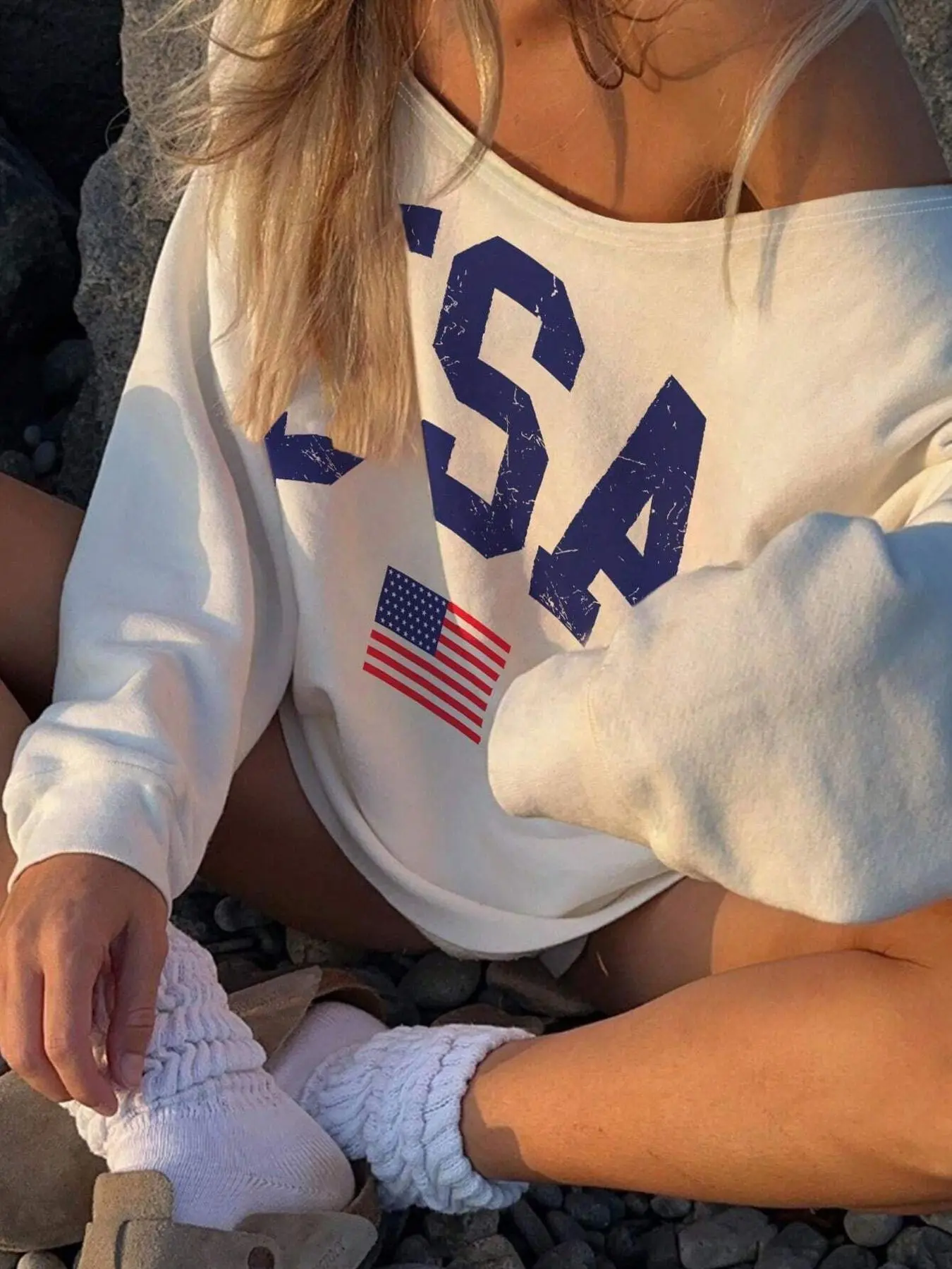 Sweatshirt Women Vintage USA Flag Print Off Shoulder Pullover for Women Beach Party Streetwear