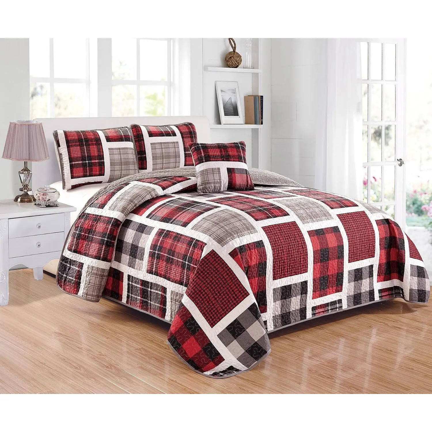 Twin Size Linen Plus Quilted Bedspread Set, Patchwork Plaid Design in Red, Grey, Black & White, for Teen Boys, Twin Size Bed