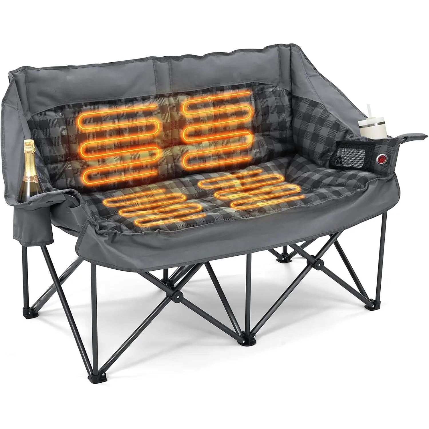 Heated Double Camping Chair Oversized Loveseat with 4 Heating Zones 3 Temperature Settings Portable Outdoor Use Battery Not Included