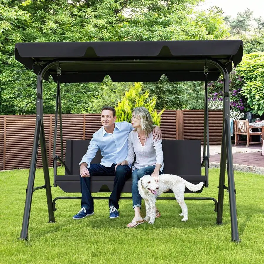 3-Seat Wooden Outdoor Patio Swing Chair - Adjustable Canopy, Removable Cushions, Durable Steel Frame - Ideal for Patio, Garden, Balcony, Three Seats