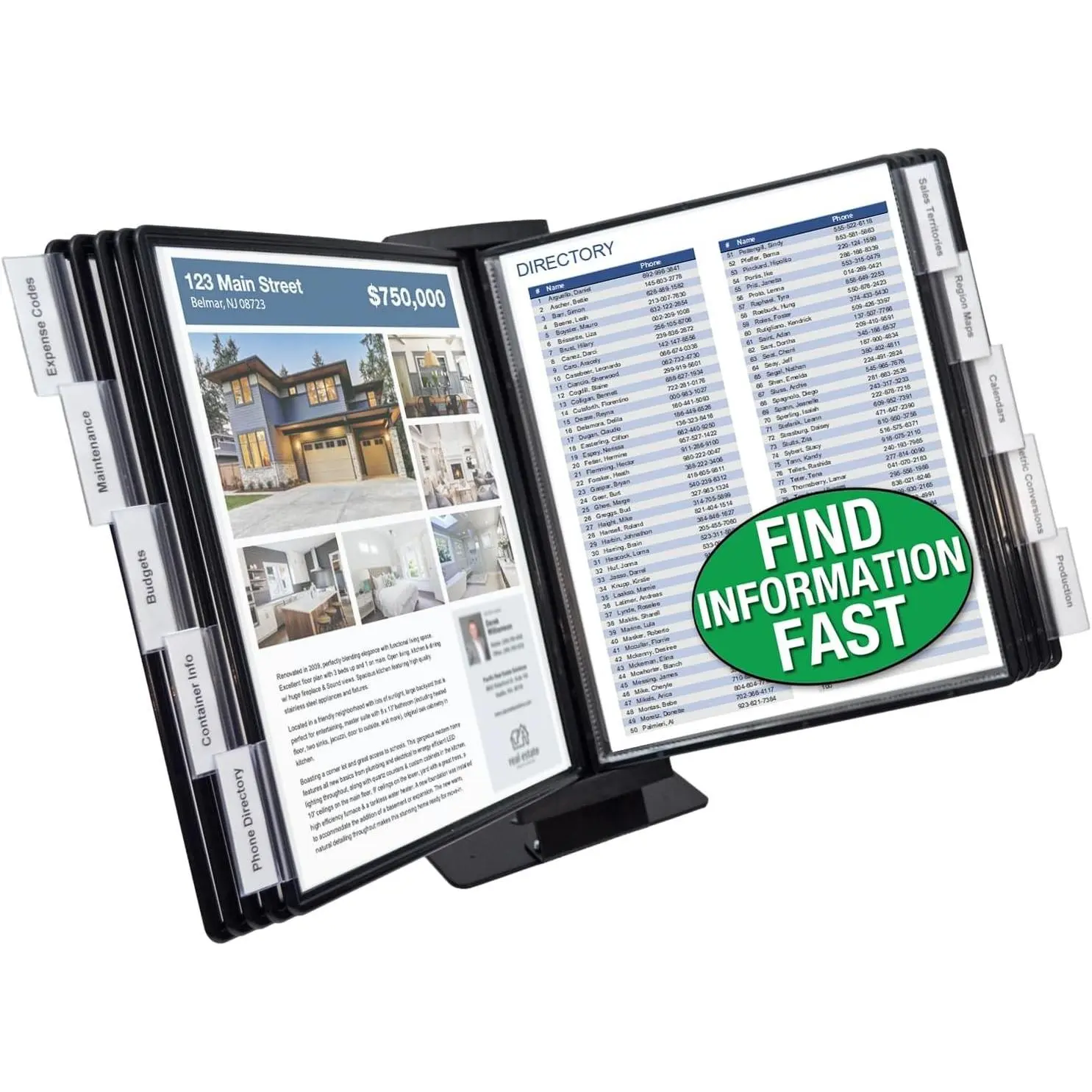 Black 10-Pocket Desk Reference Display Organizer, Ultimate Office Polystyrene Organizer with Easy Access, Adjustable Tabs, Executive Look, Letter Size, Compact Heavy-Duty Design & Weighted Metal Base for Minimal Desk Space Stability