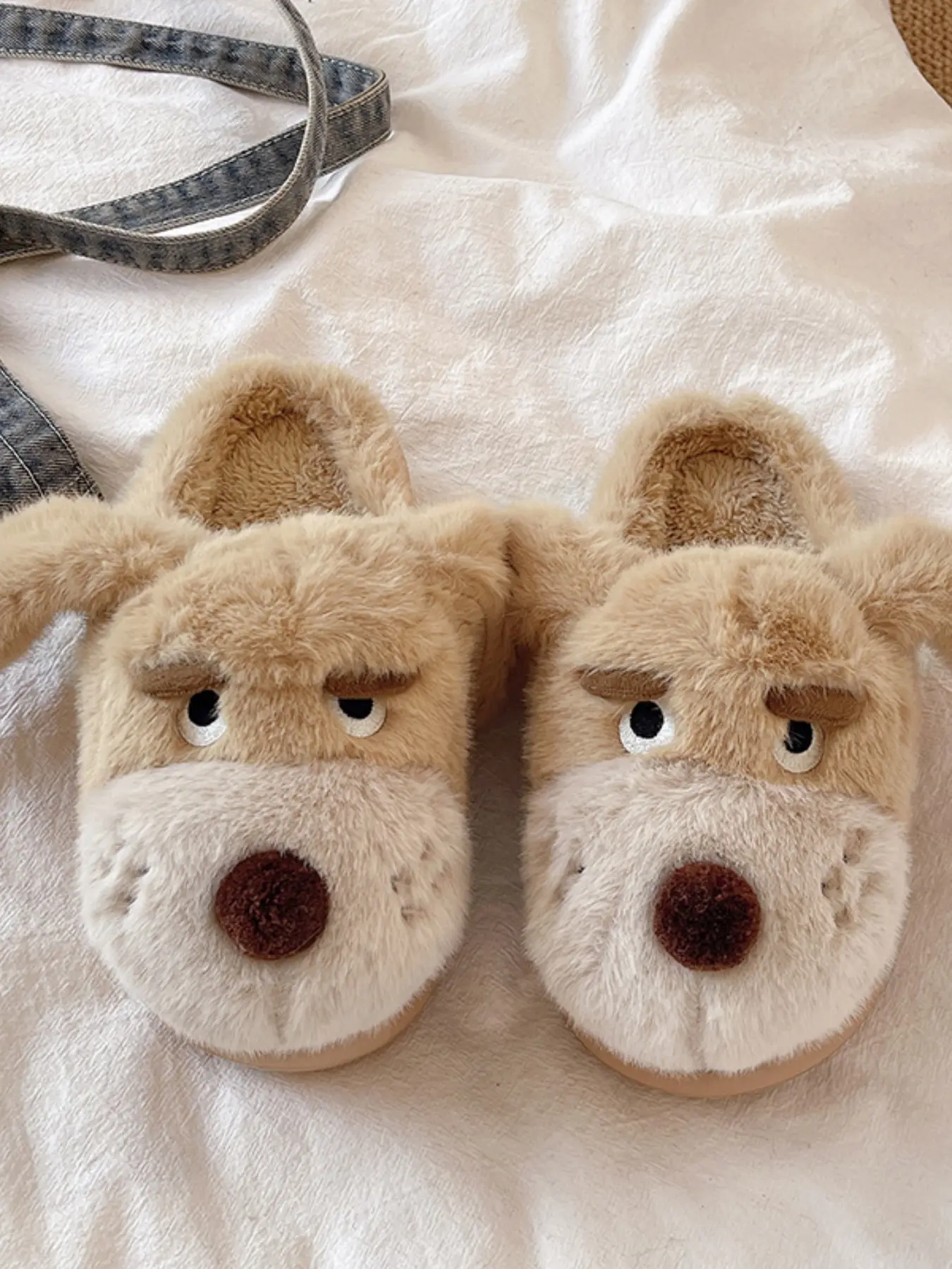 Adorable Dog Ear Plush Slippers, Thick Warm Indoor Cotton Shoes, Cute Non-Slip Fuzzy Slippers, Comfortable Thick Sole, All Seasons