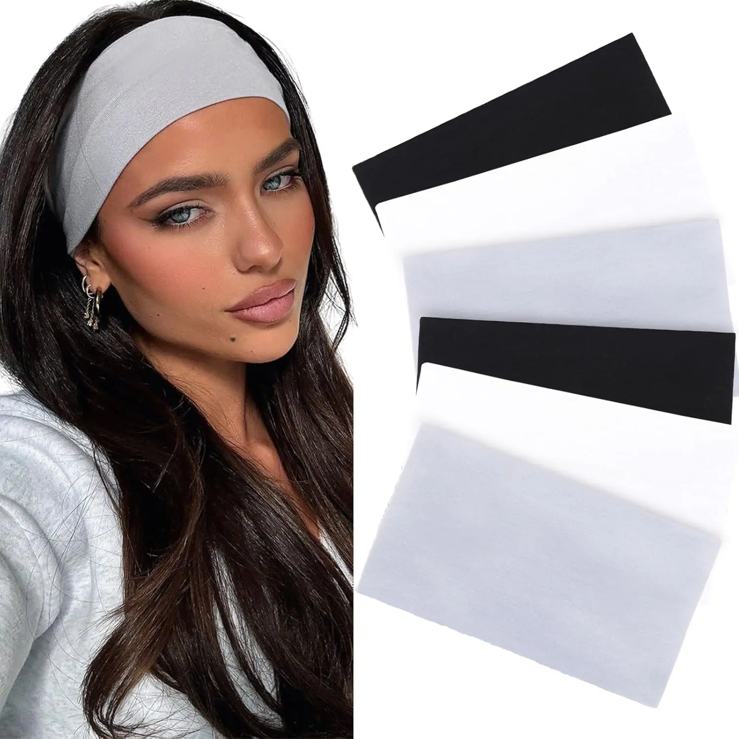 6 count Headbands for Women Extra wide Fashion Headband Hair Band Workout Running  Non Slip  Turban Accessories (Black, Light Gray, White)