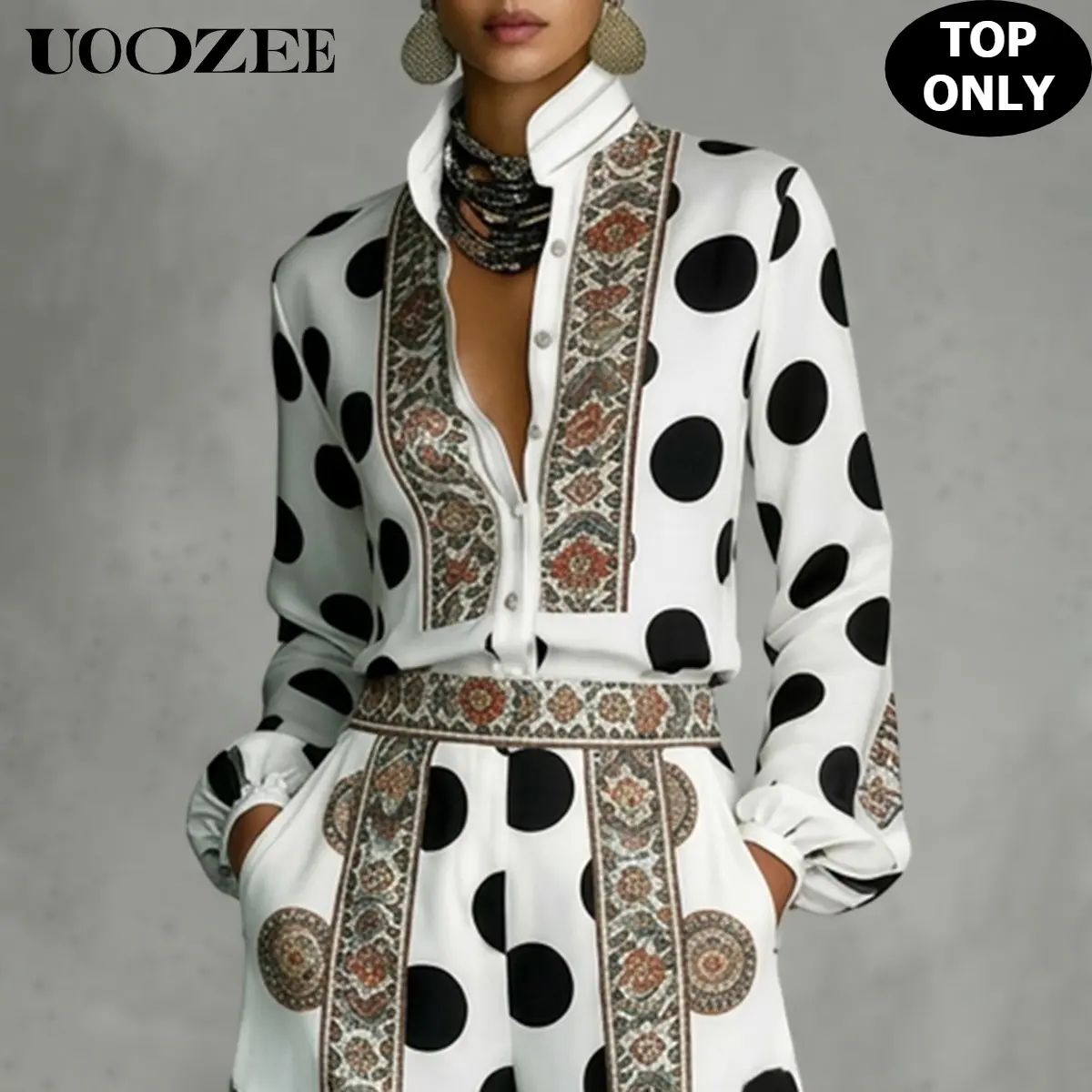 UOOZEE Shirts for Women, Stylish Polka Dot Style Satin Blouse with Contrast Ethnic Trim, Long Sleeve Button Down with Stand Collar, Business Casual Tops,back to school,back to school shopping, Wide Leg, Hoop