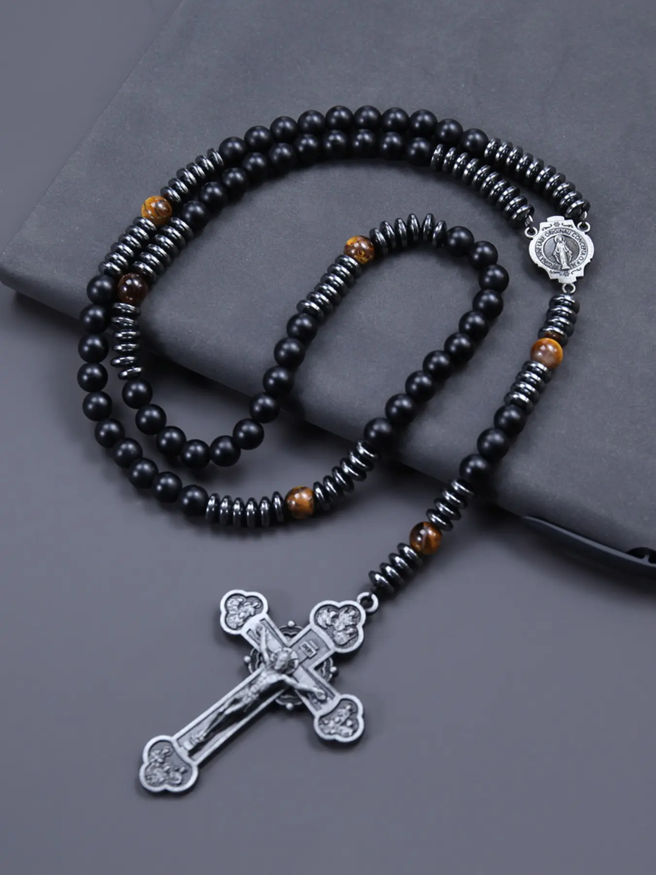 1pc Cool Classic Matte Black Beads Hematite Cross Pendant Necklace, Men's Rosary Jewelry Gift, Natural Stone Chain Material