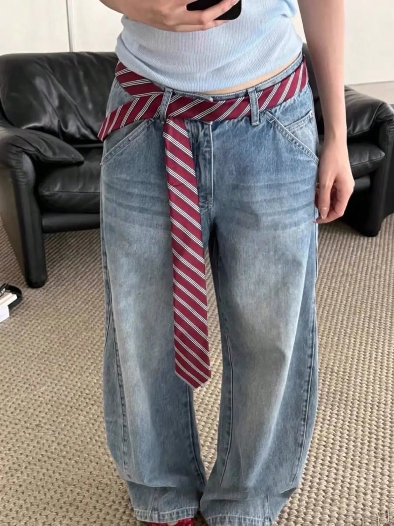 1pc Burgundy Handmade Necktie, Women's Headband, JK Uniform Tie, Striped Long Skinny Design, Casual Elegant Tie, Casual Comfy Tie, Suitable For Casual, Weekend Outing, Date, Multifunctional Accessory, Valentine's Day Decoration And Gift