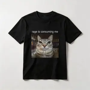 Rage is Consuming Me Silly Staring Cat Meme Cotton T-shirt, Graphic Crew Neck Soft Top Short Sleeve Casual Unsex Shirt for Men Women