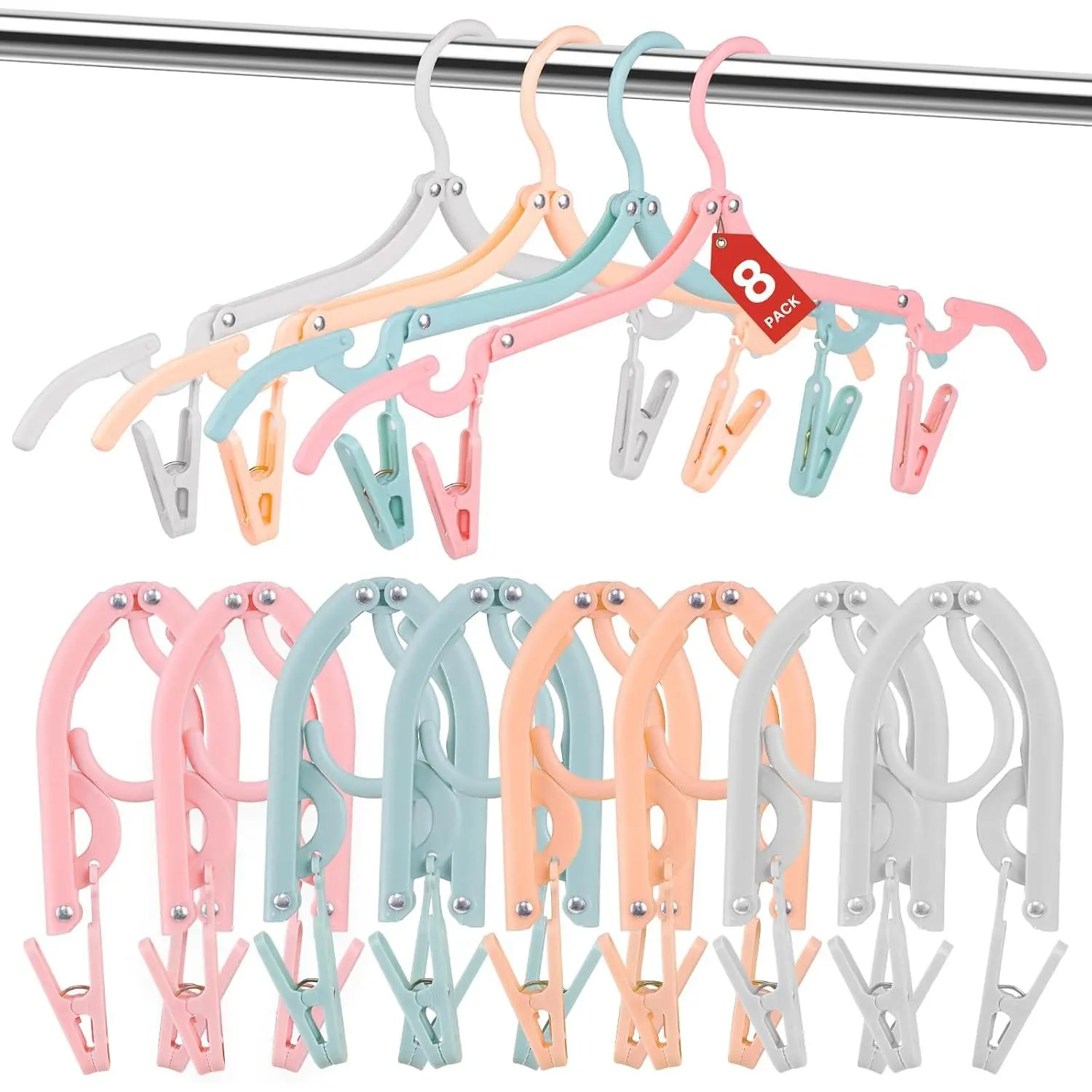 8 Pack Foldable Travel Hangers with 16 Clips & Folding Hanger - Space Saving Portable Collapsible Hooks for Cruise, RV, Hotel ( Colors)