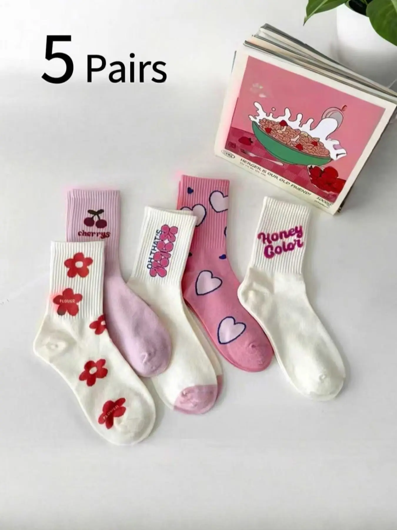 5 Pairs Girls' Socks, Heart Ankle Socks, Floral Pattern Socks, Cute Anime Style, Spring Summer, Casual Comfy Socks, Casual Daily Wear, Suitable for Ages 1-12