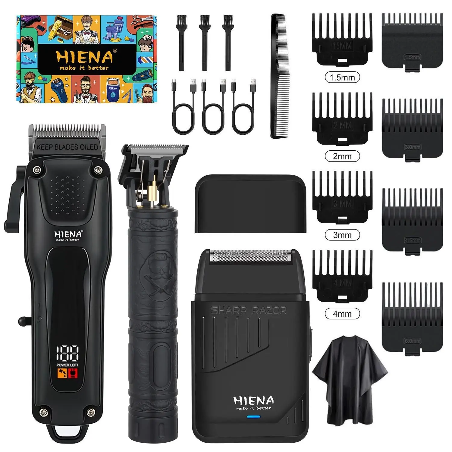 Men's three-piece wireless hair cutting set, USB fast charging, adjustable blades with multiple comb sizes, perfect for haircuts, beard trimming, and body grooming all in one, great for home or travel, an ideal gift for men