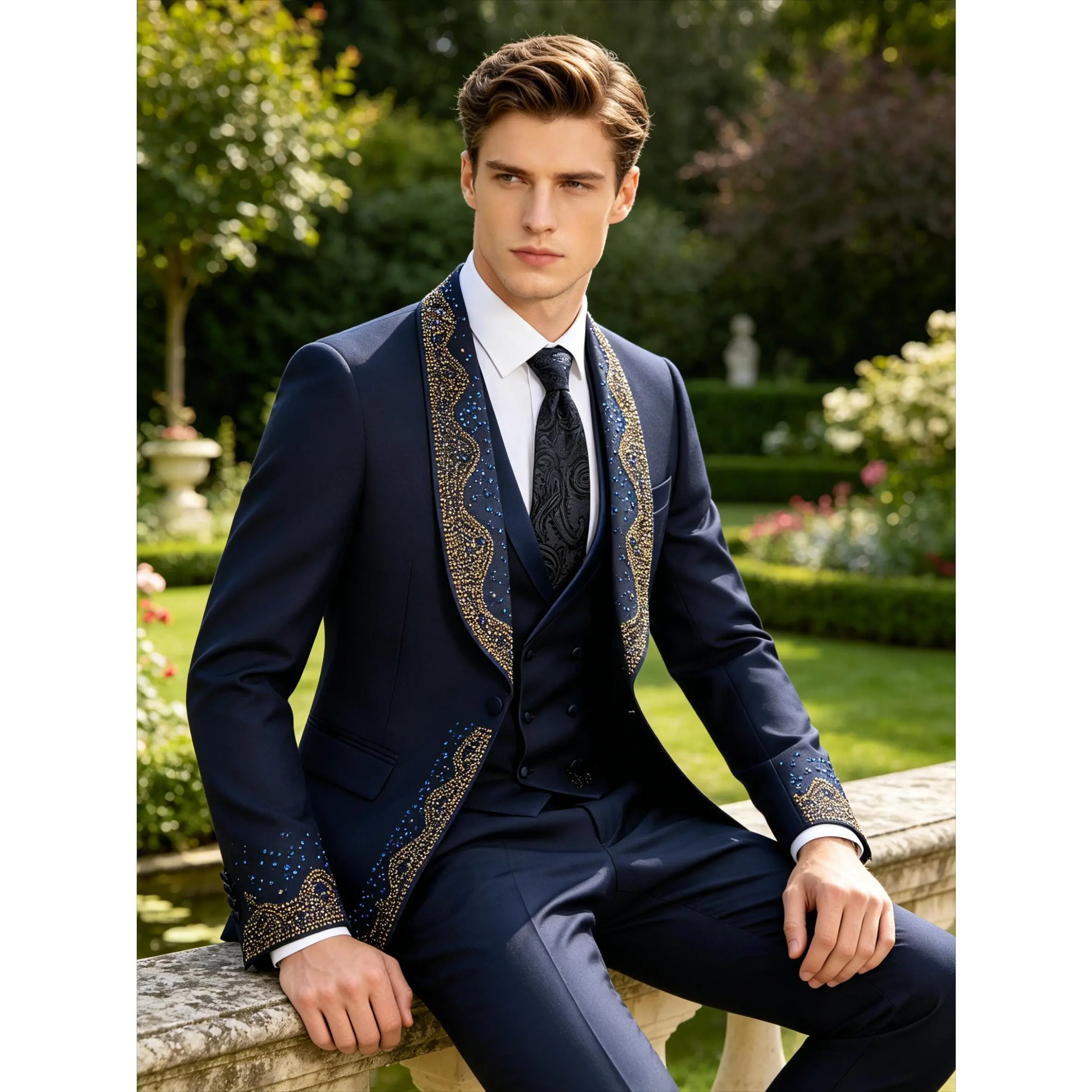 Men’s Navy Rhinestone Shawl Lapel 4-Piece Tuxedo Suit Set With Matching Black Tie | Wedding & Prom Formal Wear