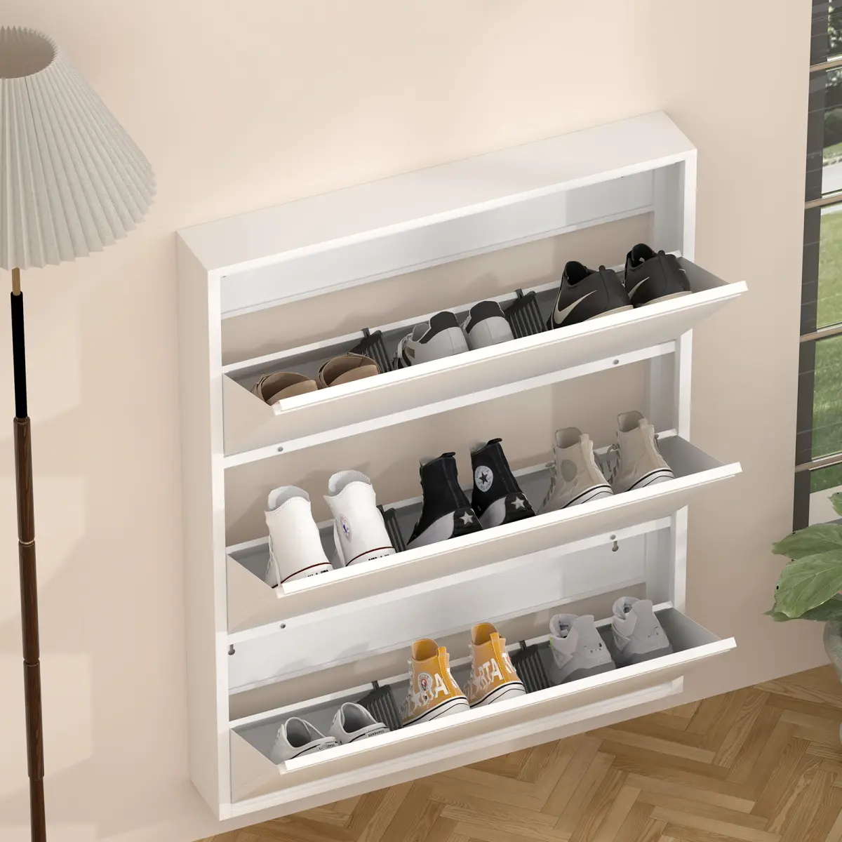 [Bellemave] Metal Shoe Cabinet with Flip Drawers, Wall Mounted Shoe Organizer, Narrow Slim Hidden Shoe Rack Storage for Entryway