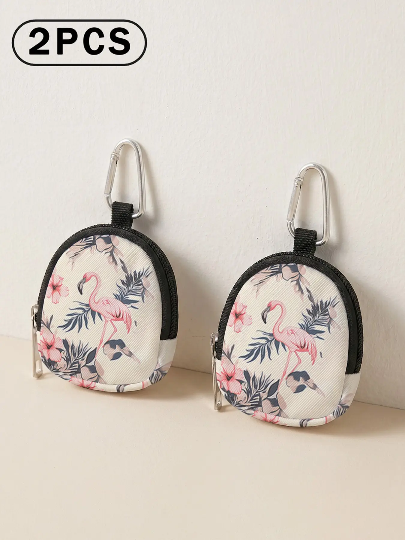 Flamingo Pattern Mini Wallet, Lightweight Zipper Coin Purse, Clip Hook, Earphone Key Holder, Unisex Casual Accessory