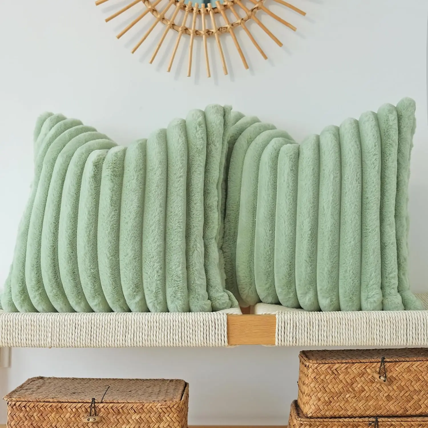 Pack of 2 Faux Fur Plush Decorative Throw Pillow Covers Couch Cushion Case Soft Pillowcases (Sage Green, 18 x 18-Inch)